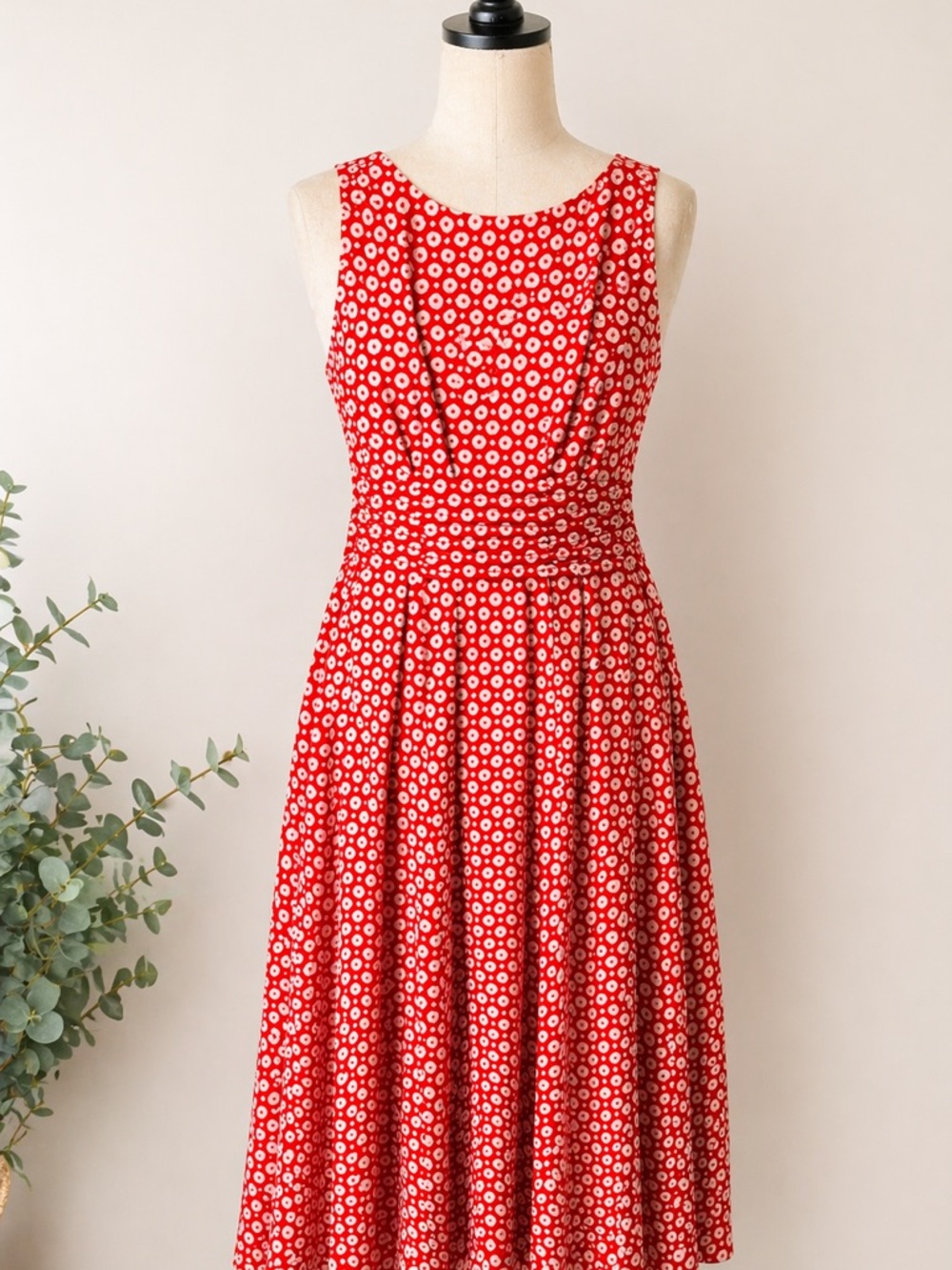 Perceptions Red Sleeveless Midi Dress with White Daisy Dot Print